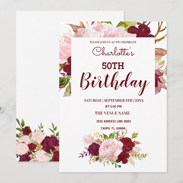 Invitación Cumpleaños Floral de Borgoña Personalizada (Anverso / Reverso)