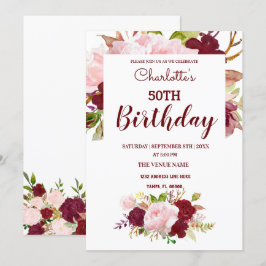 Invitación Cumpleaños Floral de Borgoña Personalizada