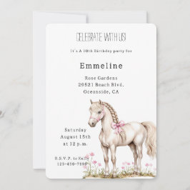 Invitación Cumpleaños Floral de Bow Rosa de Caballo Blanco