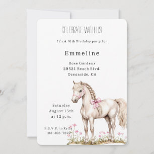 Invitación Cumpleaños Floral de Bow Rosa de Caballo Blanco