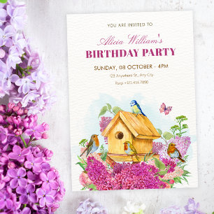 Invitación Cumpleaños floral de casita de pájaros