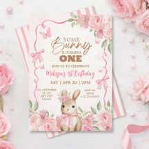 Cumpleaños floral de conejito rosa pastel lindo