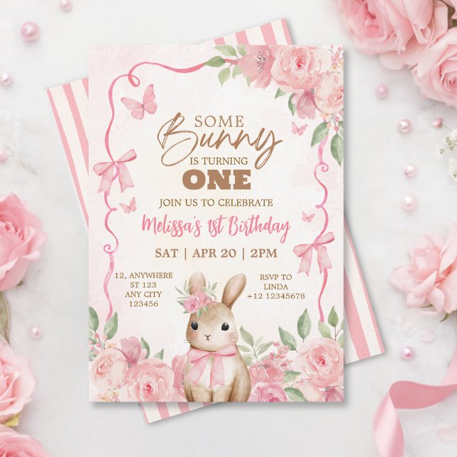 Invitación Cumpleaños floral de conejito rosa pastel lindo (Subido por el creador)