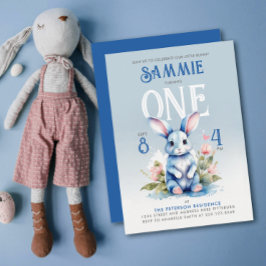 Invitación Cumpleaños Floral de Conejo Azul Adorable Acuarela