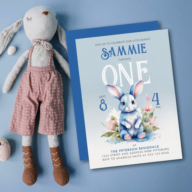 Invitación Cumpleaños Floral de Conejo Azul Adorable Acuarela (Subido por el creador)