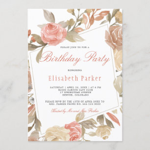 Invitación Cumpleaños floral de crema de melocotón rosa polvo