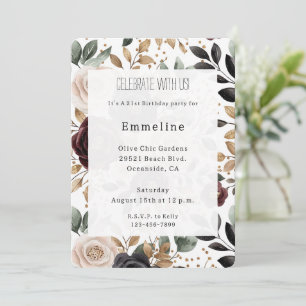 Invitación Cumpleaños Floral de Crema Roja de Borgoña