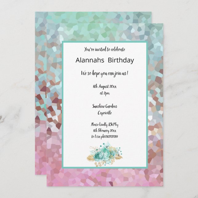 Invitación Cumpleaños Floral de Dream Aqua Pixelated (Anverso / Reverso)