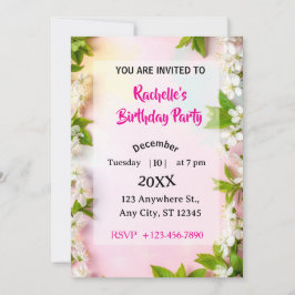 Invitación Cumpleaños floral de flor de cerezo blanca elegant