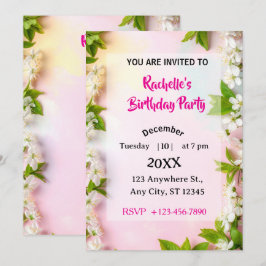Invitación Cumpleaños floral de flor de cerezo blanca elegant