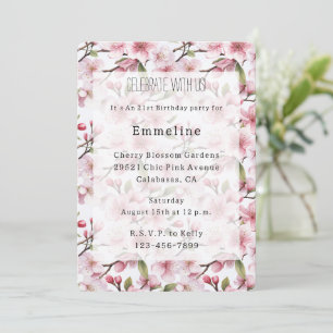 Invitación Cumpleaños Floral de Flor de Cerezo Rosa Bonito
