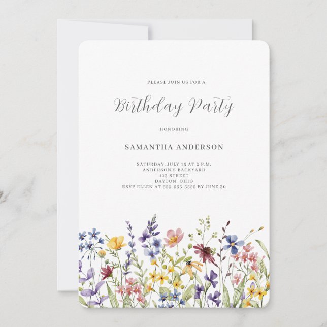 Invitación Cumpleaños Floral de Flor silvestre (Anverso)