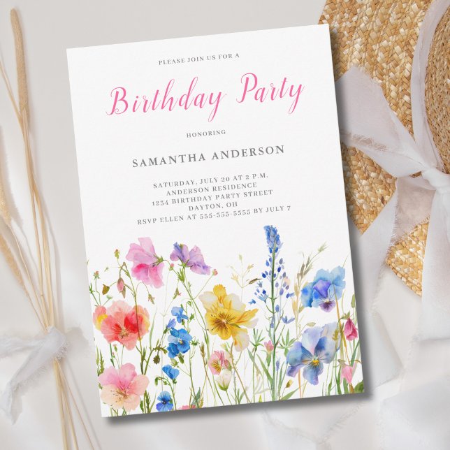 Invitación Cumpleaños Floral de Flor Silvestre Rosa (Subido por el creador)