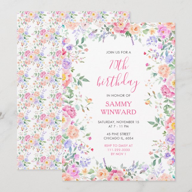 Invitación Cumpleaños floral de flores silvestres de verano 7 (Anverso / Reverso)