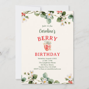 Invitación Cumpleaños floral de fresa para niñas por primera 