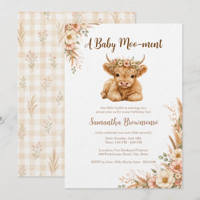 Invitación Cumpleaños floral de gingham de vaca de las Highla (Anverso / Reverso)