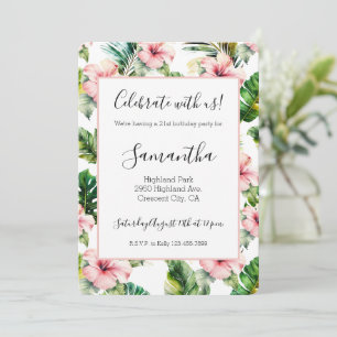 Invitación Cumpleaños floral de hibisco rosa blanco tropical