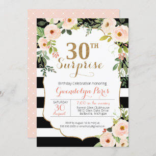 Invitación Cumpleaños floral de la 30° Sorpresa en franja bla