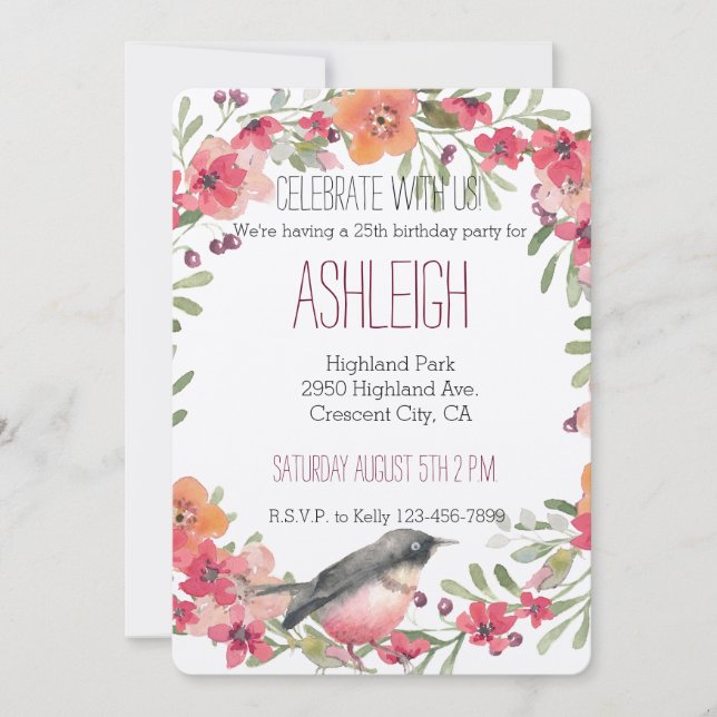 Invitación Cumpleaños floral de la acuarela del Oleander y (Anverso)