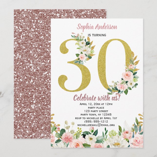 Invitación Cumpleaños floral de la acuarela rosada del oro (Anverso / Reverso)