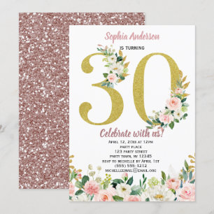 Invitación Cumpleaños floral de la acuarela rosada del oro