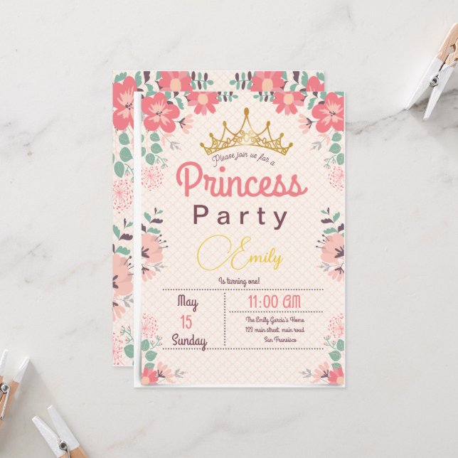 Invitación Cumpleaños floral de la princesa hada 1er  (Anverso/Reverso In Situ)