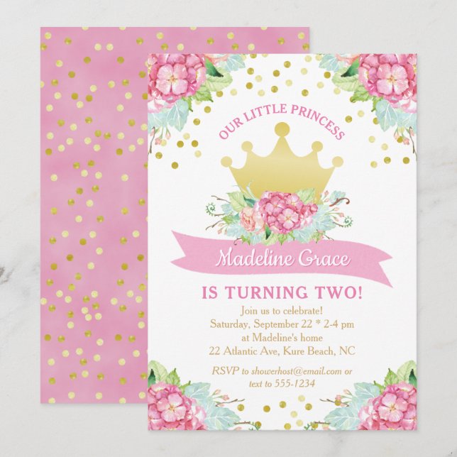 Invitación Cumpleaños floral de la Princesa Real de Oro Rosa (Anverso / Reverso)