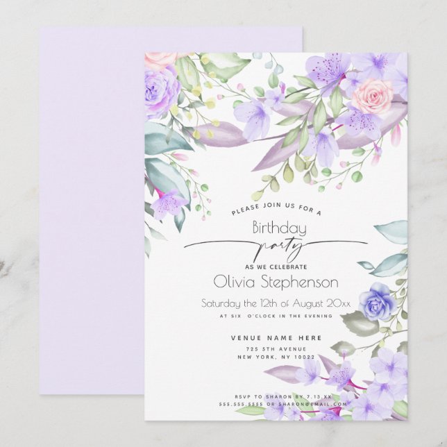 Invitación Cumpleaños | Floral de lavamanos pálidos de primav (Anverso / Reverso)