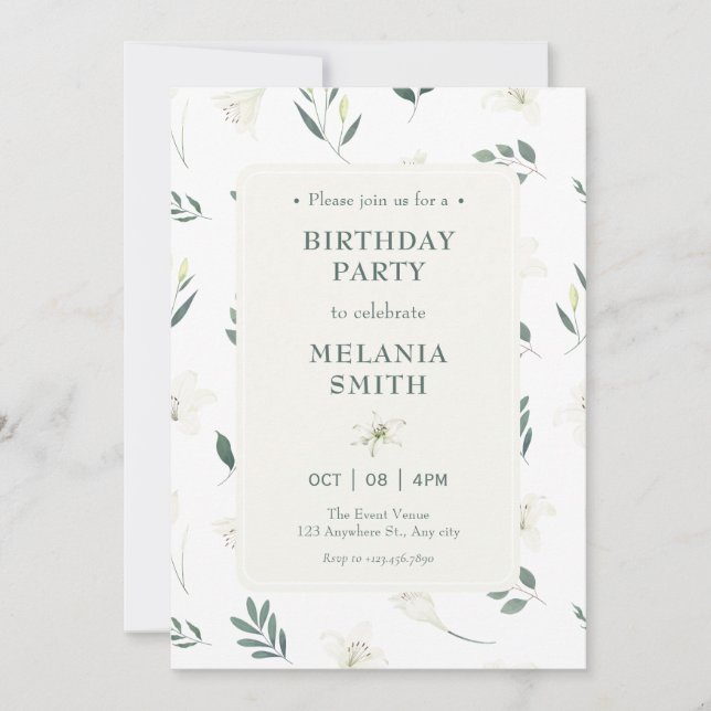 Invitación Cumpleaños floral de lilirio blanco (Anverso)