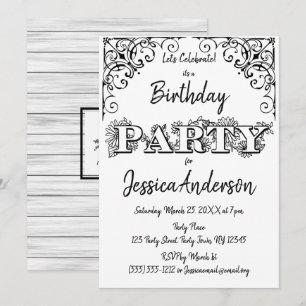 Invitación Cumpleaños Floral de Madera Rústica Blanco y Negro