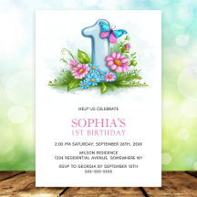 Cumpleaños Floral de Mariposa Azul Rosa 1er