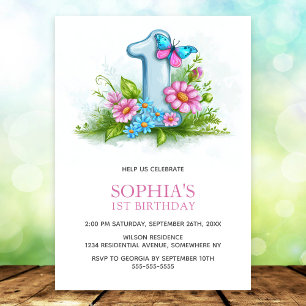 Invitación Cumpleaños Floral de Mariposa Azul Rosa 1er