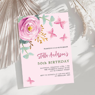Invitación cumpleaños floral de mariposa rosa verde