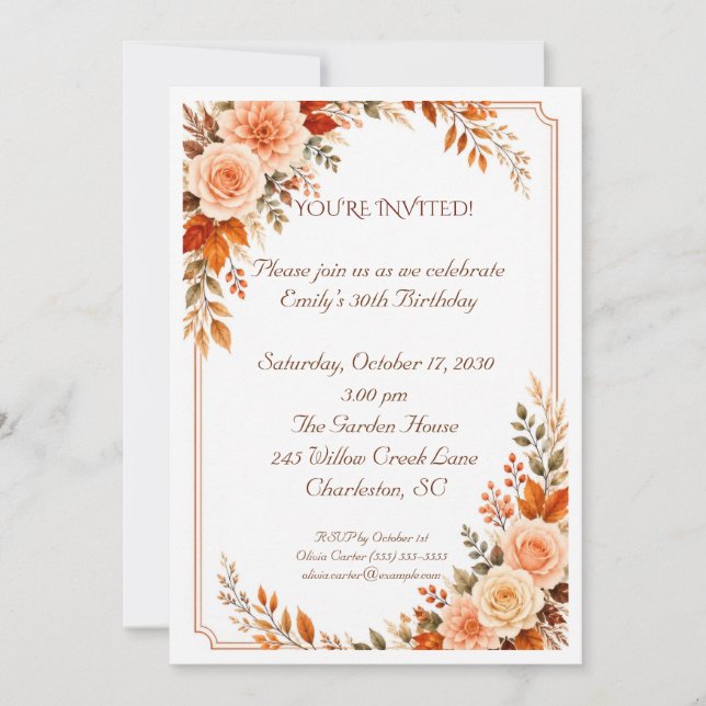 Invitación Cumpleaños Floral de Melocotón de Otoño (Anverso)