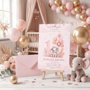 Invitación Cumpleaños floral de niña linda rosa elefante 1er