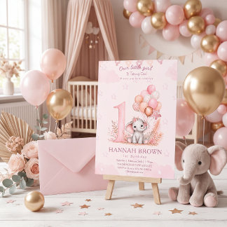 Invitación Cumpleaños floral de niña linda rosa elefante 1er