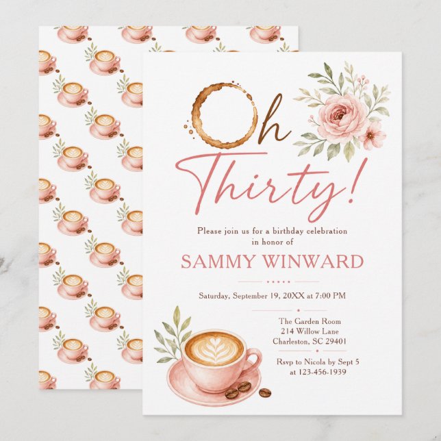 Invitación Cumpleaños floral de Oh Thirty Coffee 30 (Anverso / Reverso)