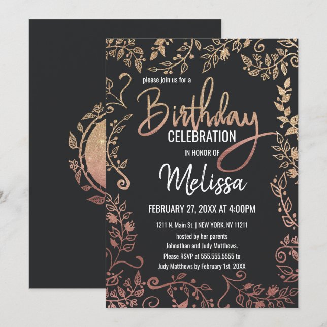 Invitación Cumpleaños floral de Ombre del purpurina del oro (Anverso / Reverso)