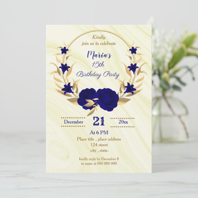 Invitación cumpleaños floral de oro azul real (Anverso de pie)