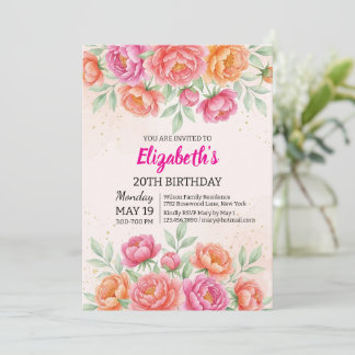 Invitación Cumpleaños floral de peonía rosa acuarela