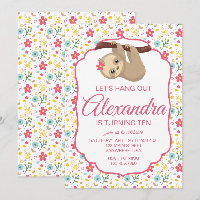 Invitación Cumpleaños floral de perezoso (Anverso / Reverso)