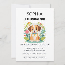 Invitación Cumpleaños floral de perro lindo para niños primer