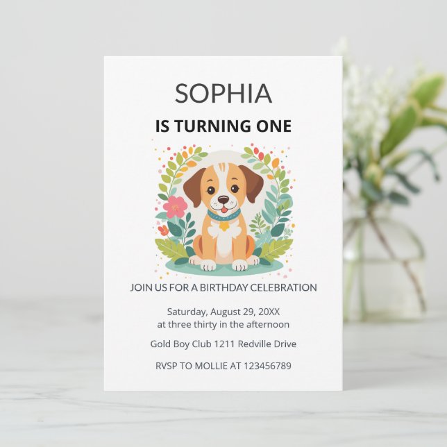 Invitación Cumpleaños floral de perro lindo para niños primer (Anverso de pie)
