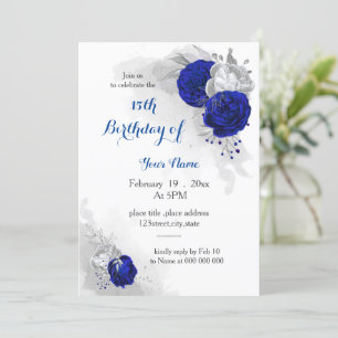 Invitación cumpleaños floral de plata azul real