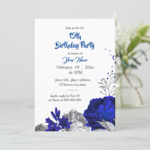 Invitación cumpleaños floral de plata azul real
