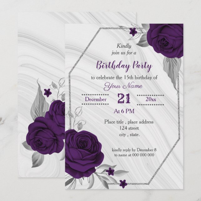 Invitación cumpleaños floral de plata púrpura real (Anverso / Reverso)