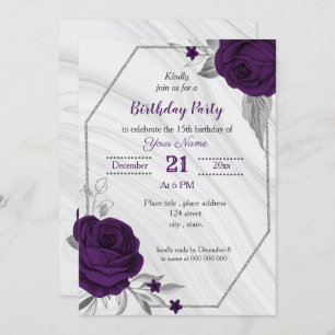 Invitación cumpleaños floral de plata púrpura real
