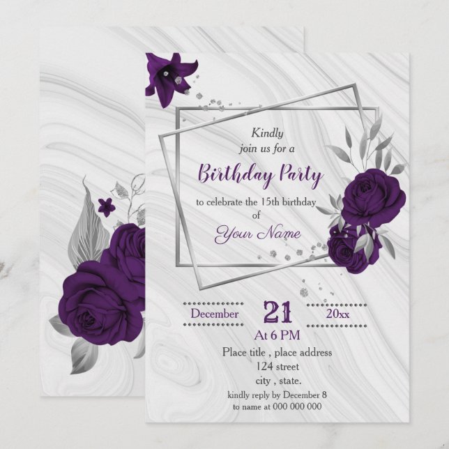 Invitación cumpleaños floral de plata púrpura real (Anverso / Reverso)