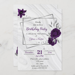 Invitación cumpleaños floral de plata púrpura real