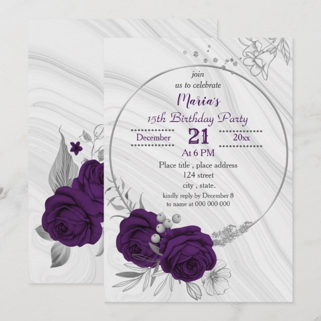 Invitación cumpleaños floral de plata púrpura real (Anverso / Reverso)
